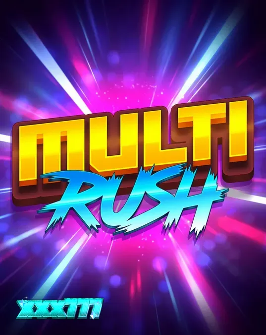 Tampilan visual slot Multi Rush dengan simbol buah neon dan grid 5x5